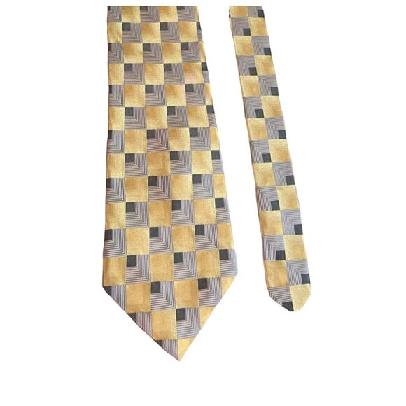 Stafford Mens Silk Neck Tie Made in USA Gold Gray Square Geometric Work Dad Tie - Picture 2 of 5